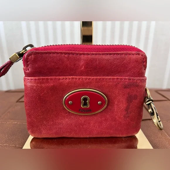 Fossil Genuine Leather Red Zip Card Case Wallet Gold Brass Hardware VTG Y2K - Picture 2 of 9